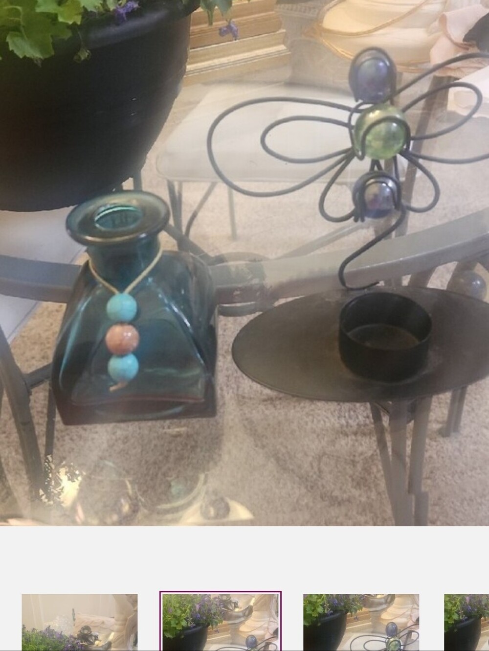 Decorative Dragonfly Garden Stake with Iridescent Beads - Green/Purple And Vase